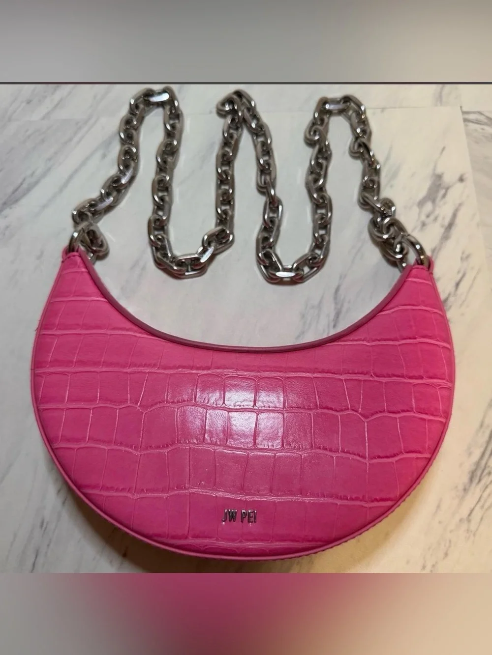 JW PEI Hot Pink Croc-Embossed Crescent Shoulder Bag with Chain Strap